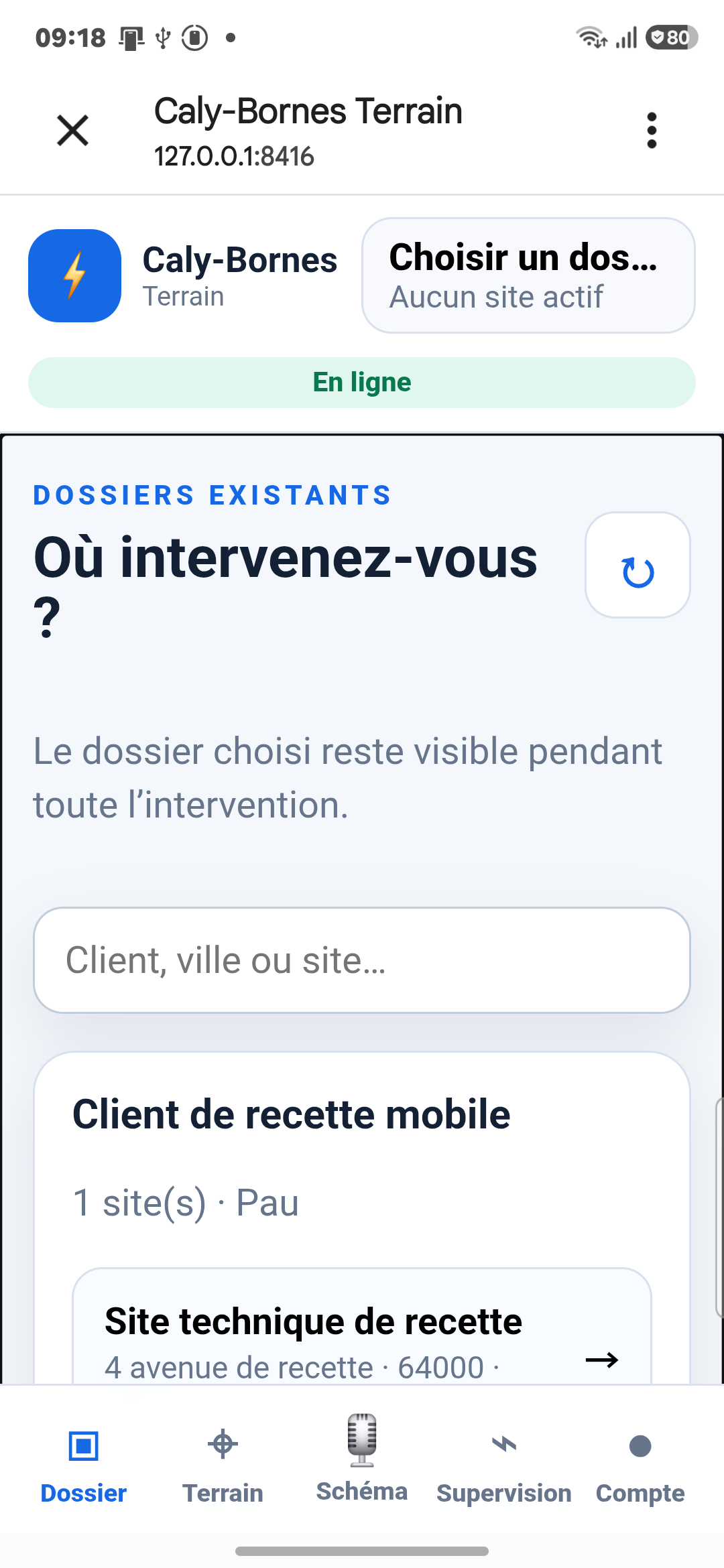 Sélection d’un dossier de recette dans l’application Android Caly-Bornes Terrain
