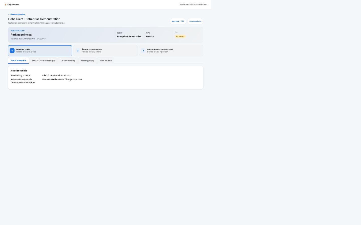 Fiche client de démonstration dans l’application centrale Caly-Bornes
